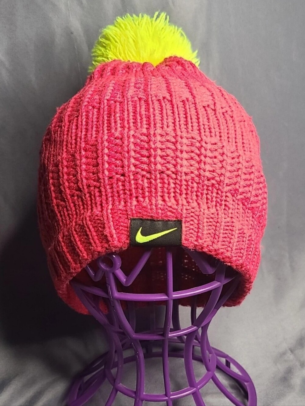 Nike Kids Girls Pink Cable Knit Beanie Toque Neon Yellow Pom Size 4/6X